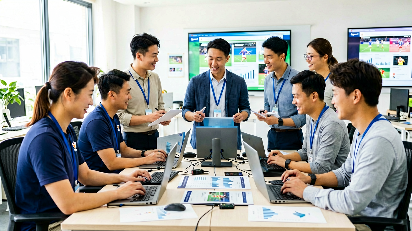 Bsports必一运动内容团队工作场景，展示专业体育编辑与数据分析团队